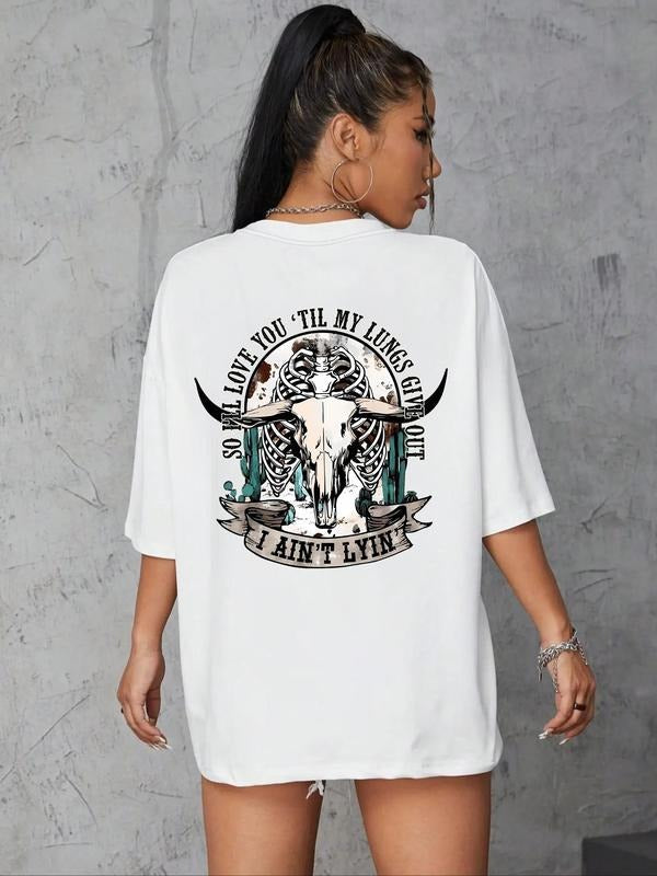 Women's Letter & Cow Head Print Round Neck Tee, Fashion Casual Cartoon Graphic Drop Shoulder Half Sleeve T-shirt for Summer, Graphic Tees, Ladies Clothes for Daily Wear, Western Clothing