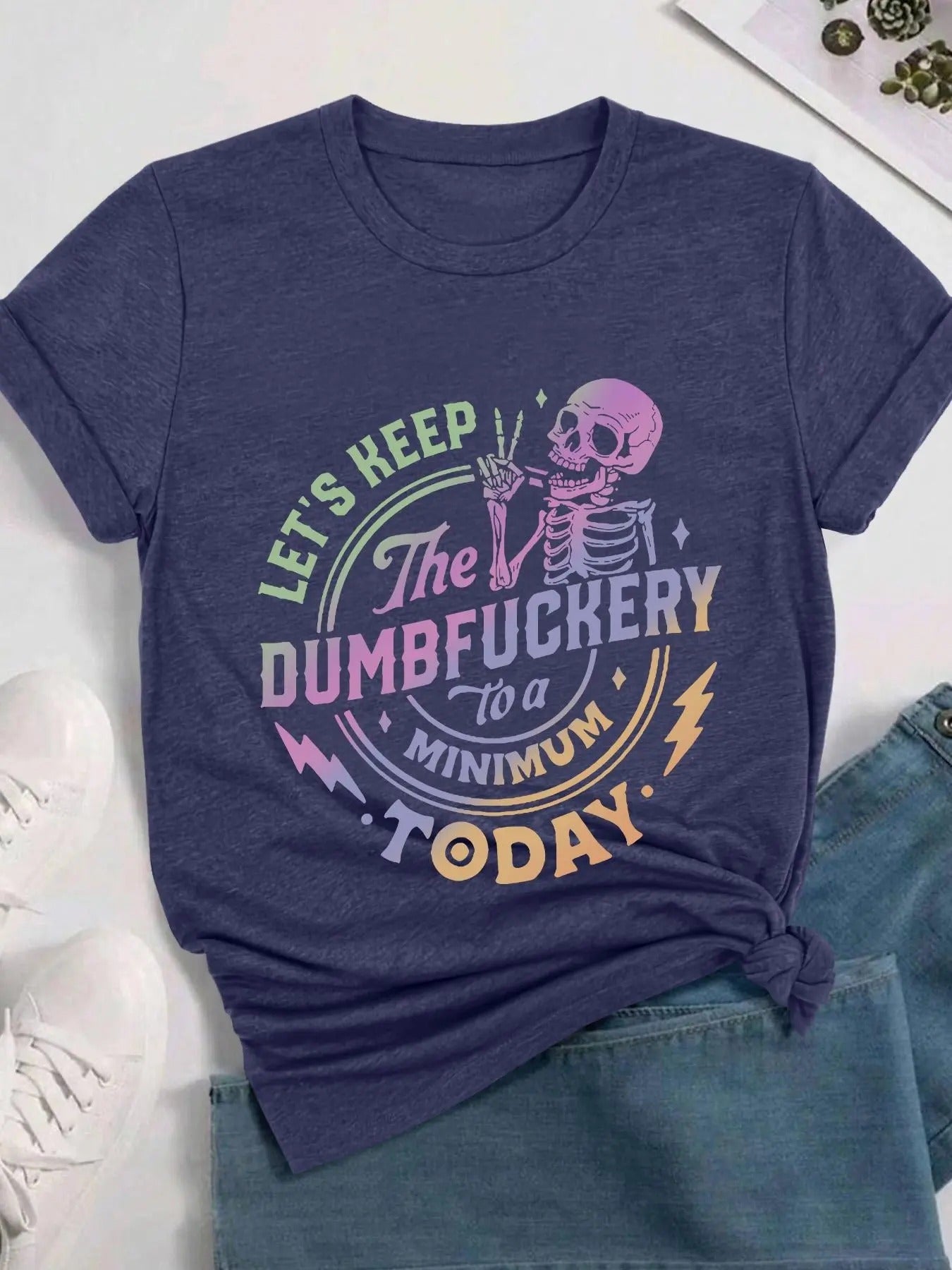 Women's Letter & Skeleton Print Round Neck Graphic Tee, Vintage Trendy Casual Short Sleeve T-shirt for Daily Wear, Ladies Summer Outfit