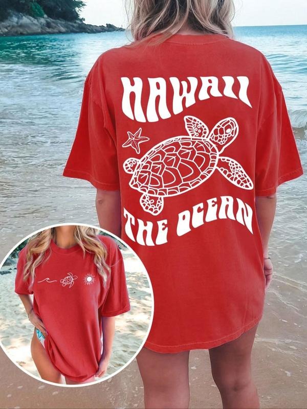 Women's Letter & Turtle Print Round Neck Graphic Tee, Vintage Trendy Casual Drop Shoulder Half Sleeve T-shirt for Daily Wear, Ladies Summer Outfit