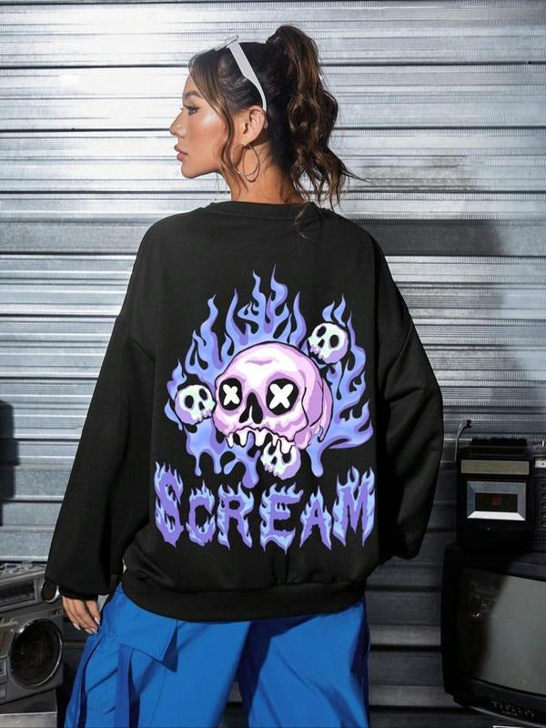 Women's Letter Print Drop Shoulder Graphic Crewneck Sweatshirt, Fashion Casual Round Neck Long Sleeve Pullover For Spring & Fall, Women's Clothes For Daily Wear