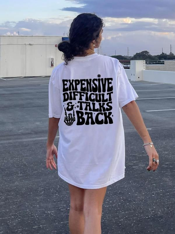 Women's Letter Print Drop Shoulder Tee, Summer Clothes, Vintage Graphic Tees, Casual Crew Neck Half Sleeve T-shirt for Daily Wear, T Shirts for Women, Ladies Clothes for Summer