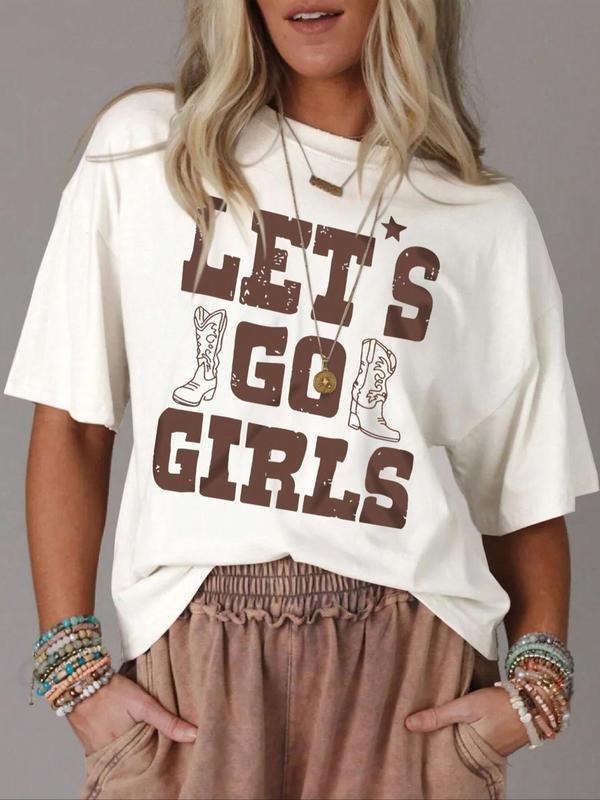 Women's Letter Print Round Neck Graphic Tee, Vintage Trendy Casual Drop Shoulder Short Sleeve T-shirt for Daily Wear, Ladies Summer Clothes, Western Tops