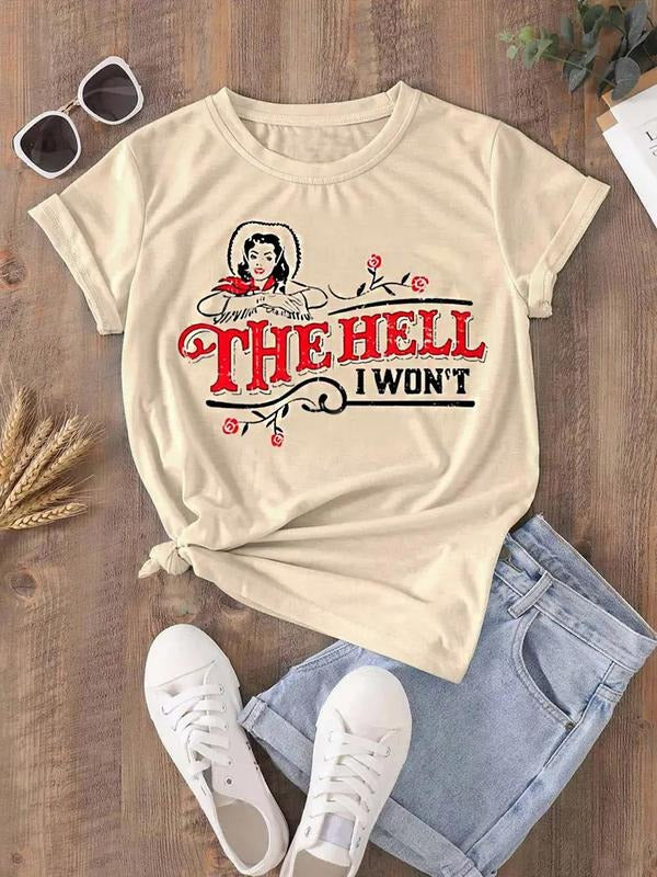 Women's Letter Print Round Neck Graphic Tee, Vintage Trendy Casual Short Sleeve T-shirt For Daily Wear, Ladies All Season Outfit