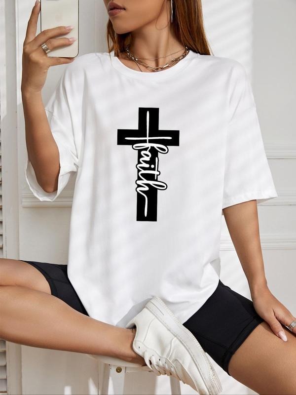 Women's Letter Print Round Neck Tee, Summer Clothes Women, Casual Cross Graphic Short Sleeve Crew Neck T-Shirt for Summer, Women's Top for Daily Wear