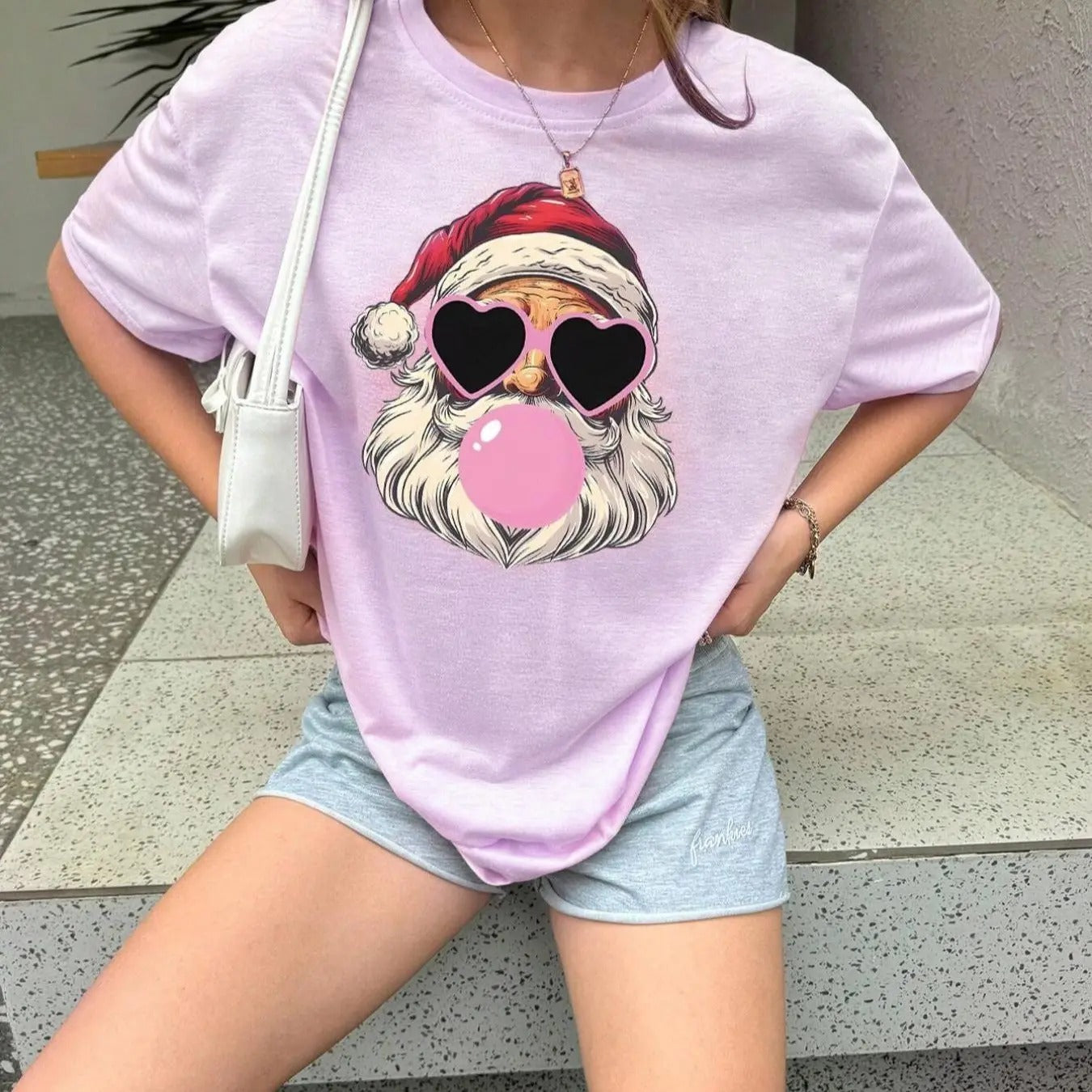 Women's Santa Claus Print Round Neck Graphic Tee, Fashion Casual Drop Shoulder Short Sleeve T-shirt for Daily Wear, Ladies Summer Clothes