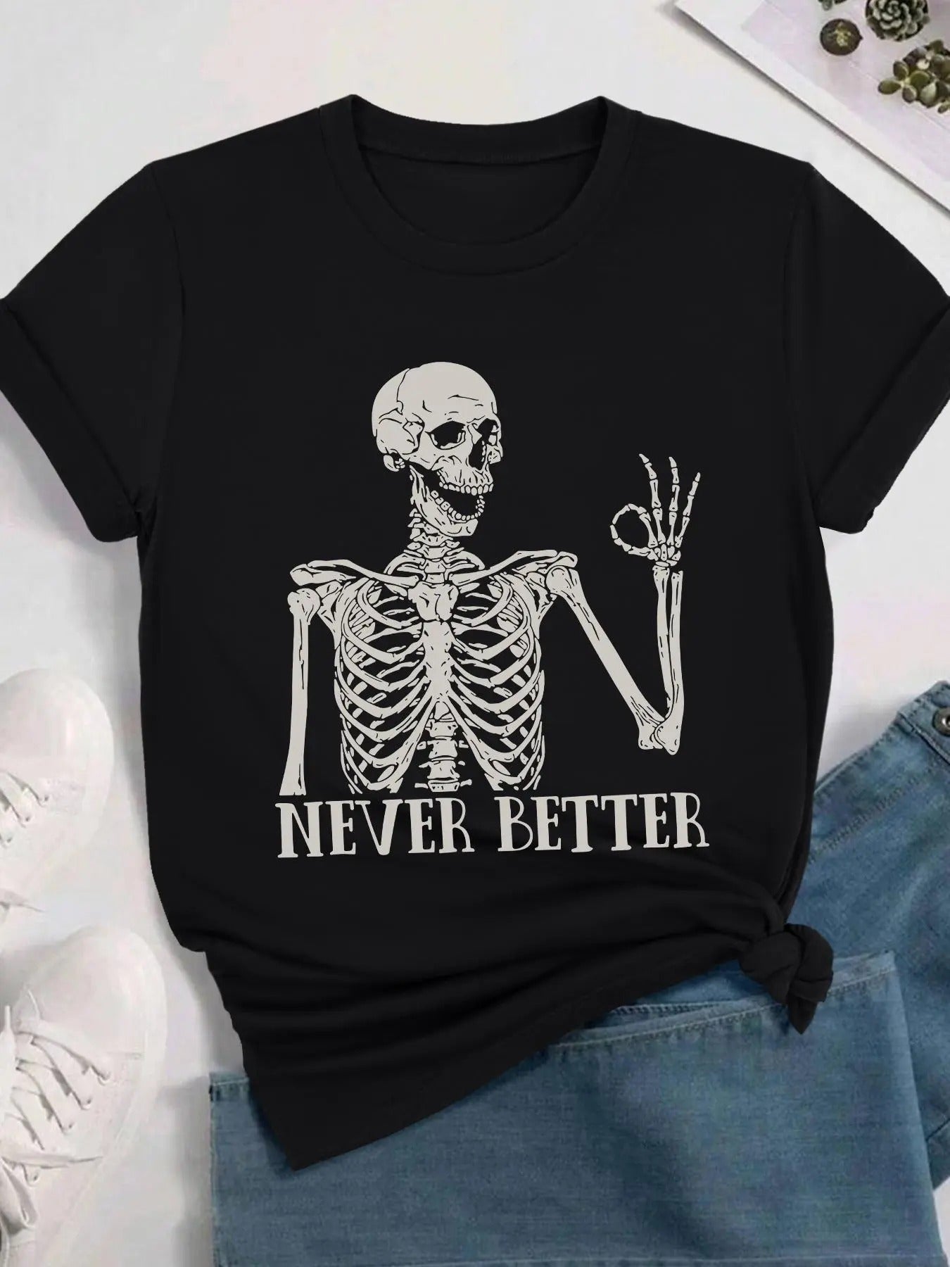 Women's Skeleton & Letter Print Round Neck Graphic Tee, Vintage Trendy Casual Short Sleeve T-shirt for Daily Wear, Ladies Summer Outfitstyle{n002}2