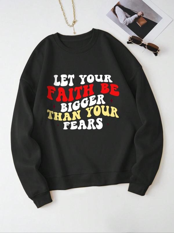 Women's Slogan Graphic Drop Shoulder Pullover, Fashion Casual Crew Neck Sweatshirt for Daily Holiday Outdoor Wear, Women Clothes for Fall & Winter