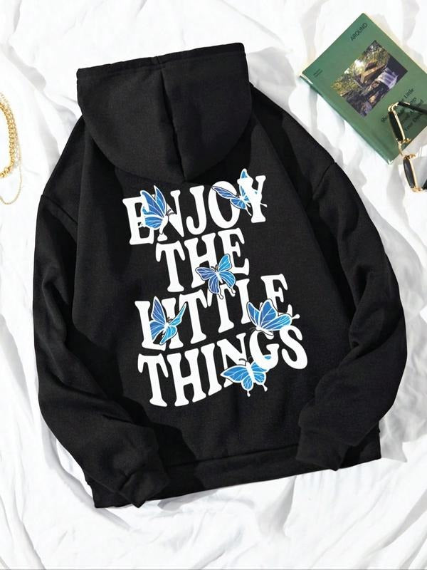 Women's Slogan Graphic Print Drop Shoulder Drawstring Hoodie, Fashion Casual Printed Pocket Hooded Sweatshirt for Daily Wear, Women Fall & Winter Clothes