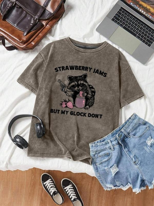 Women's Strawberry Jam & Rabbit Round Neck Graphic Tee, Fashion Casual Letter Short Sleeve T-shirt for Daily Wear, Ladies Summer Clothes, Top