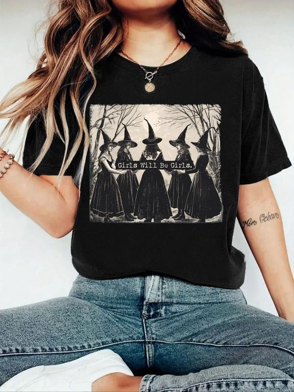 Women's Witch & Letter Print Round Neck Graphic Tee, Halloween Themed Vintage Trendy Casual Short Sleeve T-shirt for Daily Wear, Ladies Summer Outfit