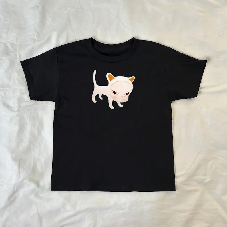 Yoshitomo Nara Girl Cat Baby Tee, y2k clothing, Pinterest ,vintage, streetwear, 90s style baby tee, ahs style, Soft girl, Japanese Art