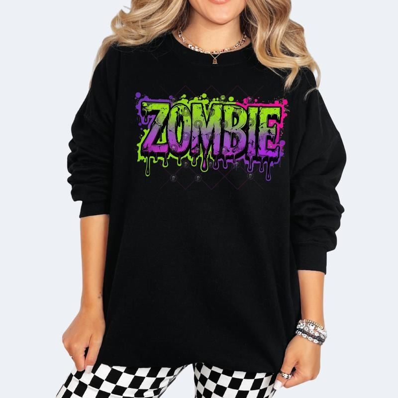 ZOMBIE Streetwear Halloween Black Crewneck Sweatshirt T Shirt or Hoodie Pullover Casual Vintage Grunge Goth Skeleton Style Garment Cotton Fit Aesthetic Graphic Y2K