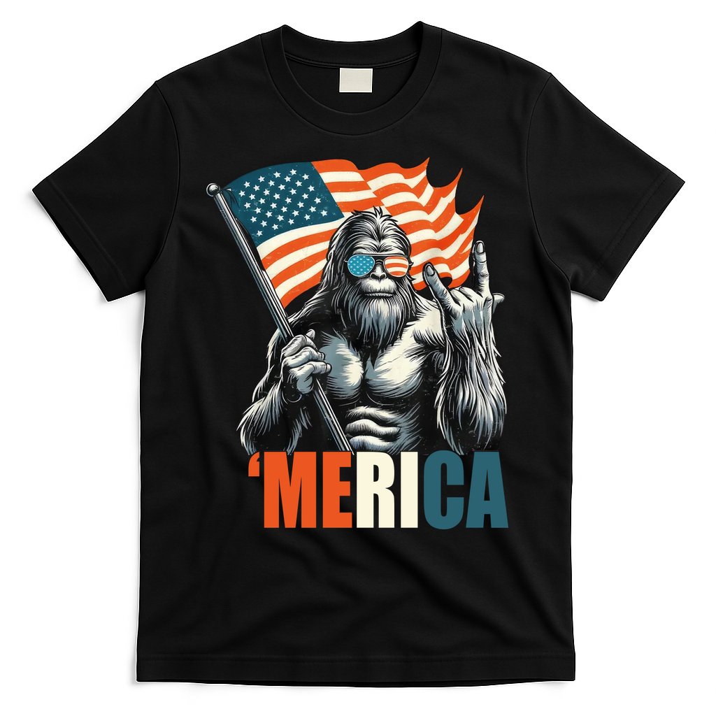 Bigfoot Merica Rock American Flag Patriotic 4th Of July T-Shirt