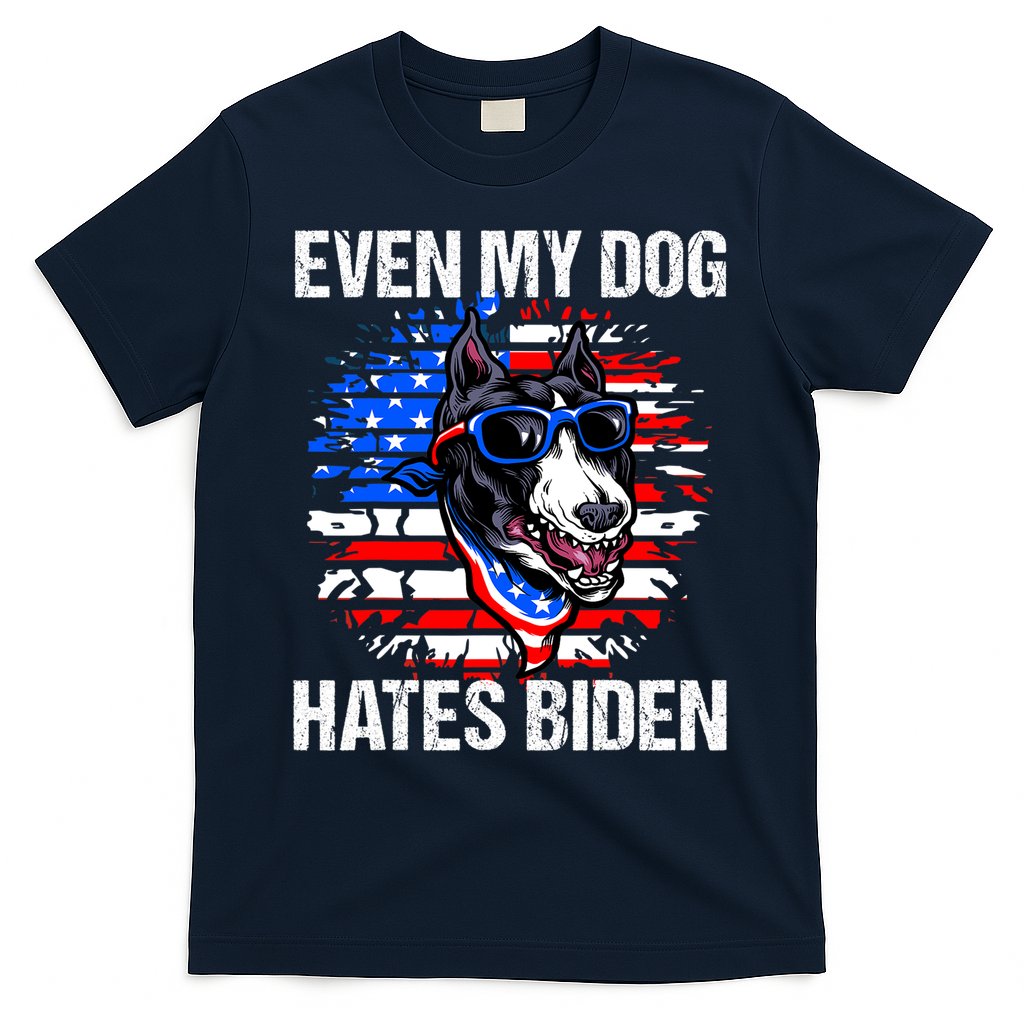 Funny Anti Joe Biden Even My Dog Hates Biden USA Flag Pibble T-Shirt
