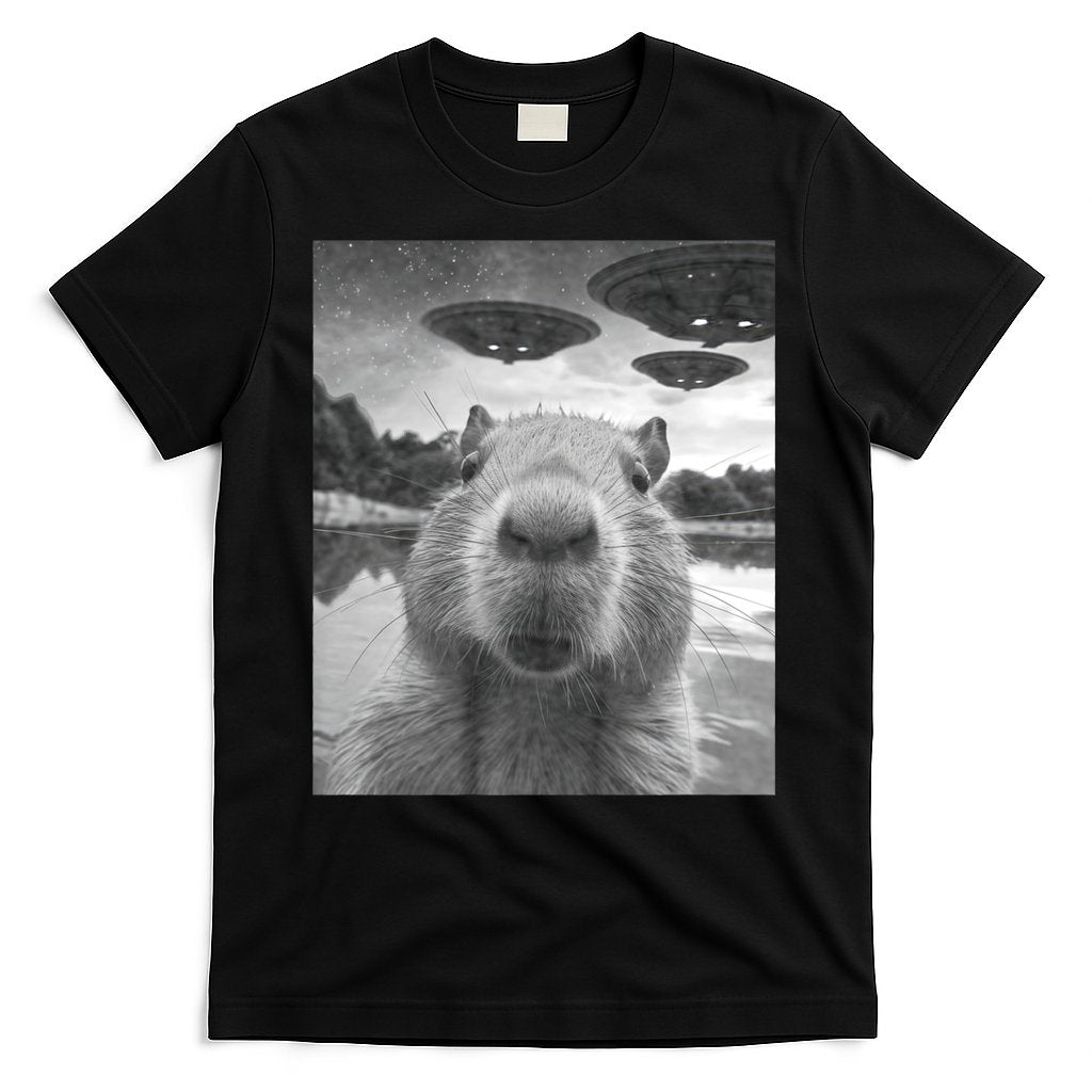 Funny Graphic Capybara Selfie With Ufos Weird T-Shirt