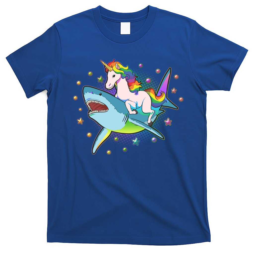 Funny Rainbow Unicorn Riding Shark T-Shirt