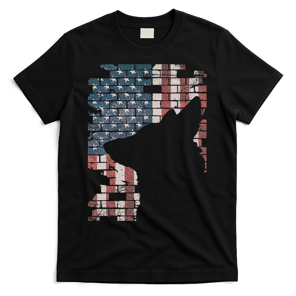 Police Officer K9 Dog Shep PD American Flag Silhouette Print T-Shirt