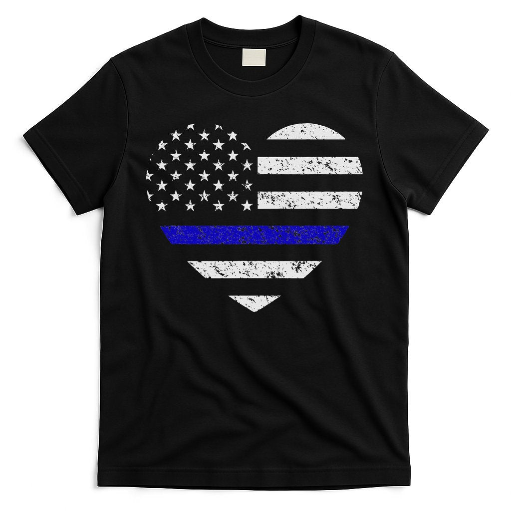 Thin Blue Line American Flag Heart Police T-Shirt