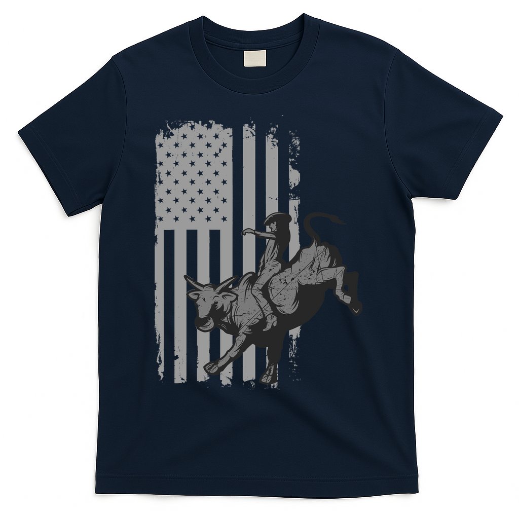 Vintage American Flag Bucking Bull Riding Patriotism Rodeo T-Shirt